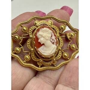Vintage Miriam Haskell Cameo Brooch Gold Tone Carved Classic Victorian